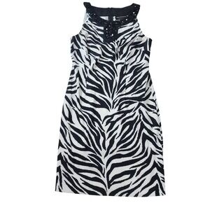 Connected Apparel Zebra Print Embellished Neckline Sheath Dress Black White 12